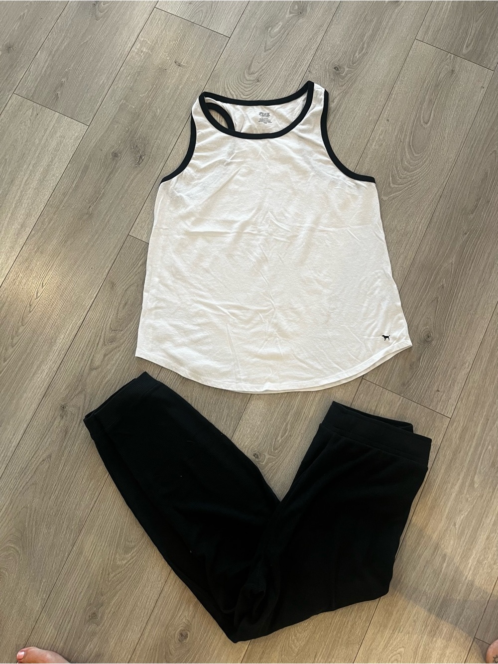 PINK Victoria's Secret White Tank with Black Trim and matching black pants